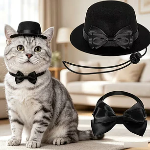 Conjunto de Sombrero Elegante y Corbatín para Gatos