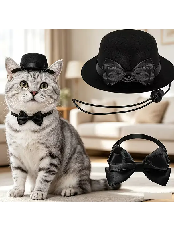 Conjunto de Sombrero Elegante y Corbatín para Gatos 2