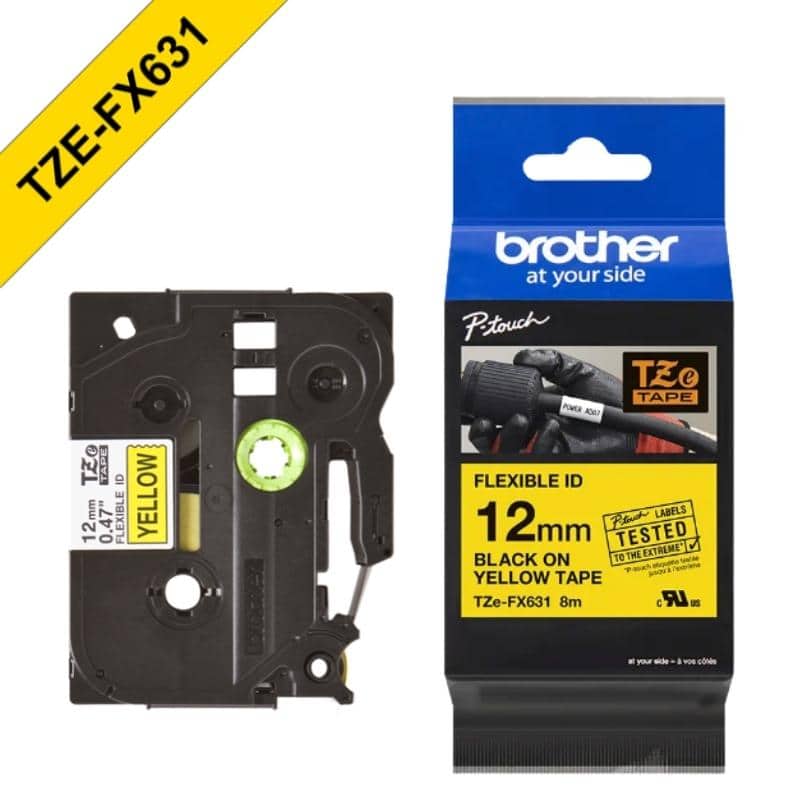 Cinta flexible para impresoras de etiquetas Brother P-Touch 12mm x 8m 5x Compatible TZeFX631 Negro sobre Amarillo 