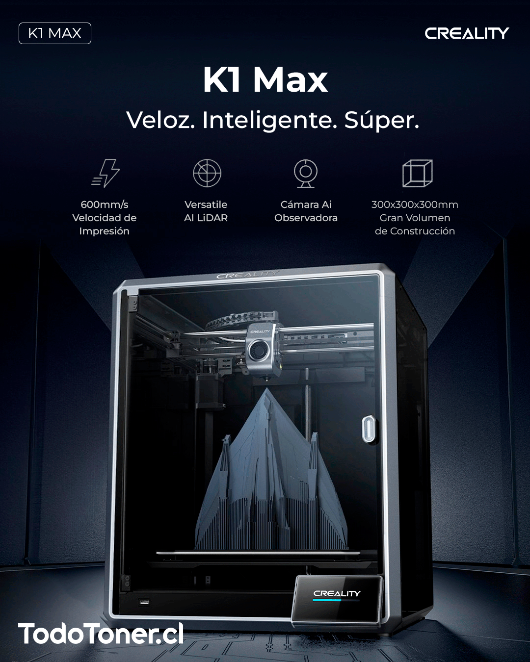 K1 Max Creality | Tamaño Imp 300x300x300mm |  Velocidad 600mm/s | Impresora 3D | 