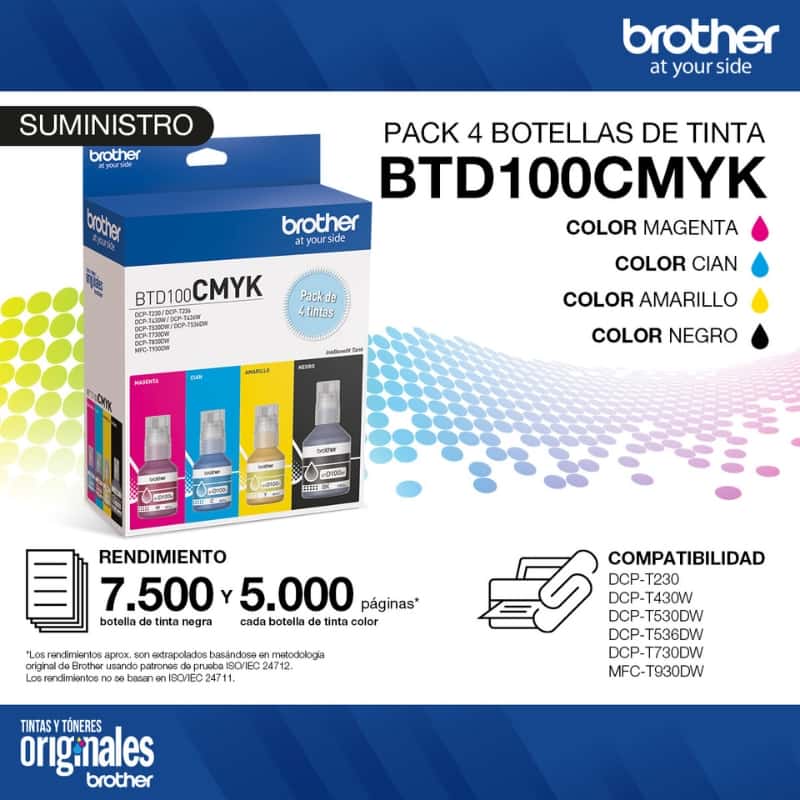 Brother Pack 4 Colores BTD100 C/M/Y/BK | Tinta Original