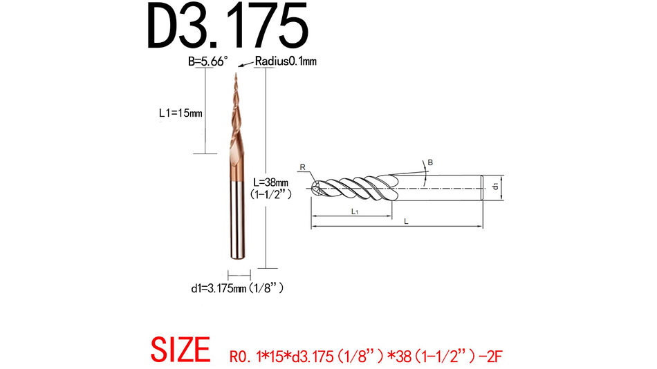 Broca Cónica de Bola de 2 Filos HRC55 3.175mm Twotrees | Accesorios CNC Router 2