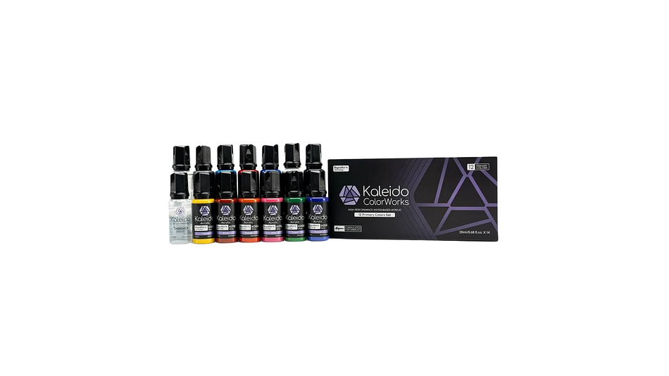 Pintura Acrílica Set 12 Colores Primarios Brillante Gloss 20ML, Más Disolvente y Limpiador 20ML Kaleido | Para Aerógrafos 1