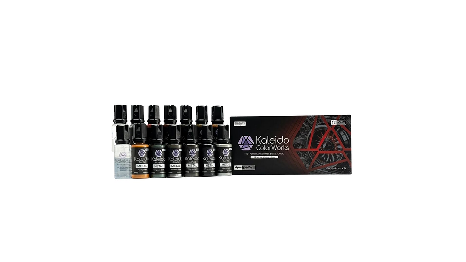 Pintura Acrílica Set 12 Colores Metálicos Brillante Gloss 20ML, Más Disolvente y Limpiador 20ML Kaleido | Para Aerógrafos 1