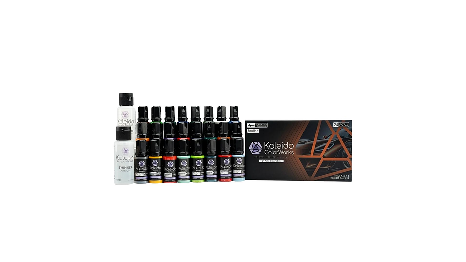 Pintura Acrílica Set 24 Colores Auto Brillante Gloss / Perlas, Más Disolvente y Limpiador 60ML Kaleido | Para Aerógrafos 1