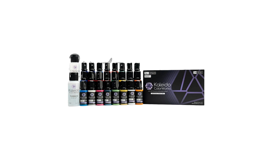 Pintura Acrílica Set 24 Colores Primarios Brillantes Gloss 20ML, Más Disolvente y Limpiador 60ML Kaleido | Para Aerógrafos 1