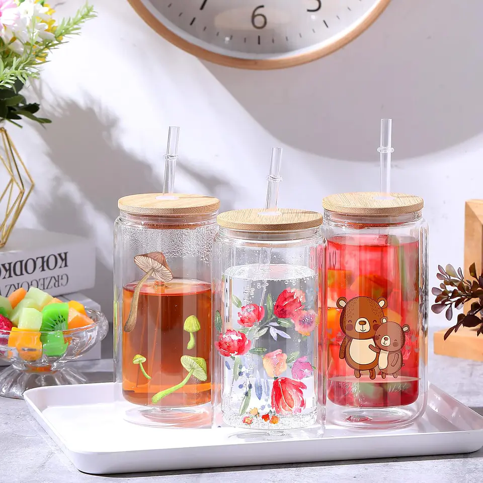 VASO TIPO LATA TAPA DE BAMBU 16OZ DE DOBLE PARED TRANSPARENTE SUBLIMABLE 1