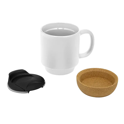 EMBALAJE 36 TAZAS MUG BLANCA DE 13OZ CON BASE DE CORCHO Y TAPA