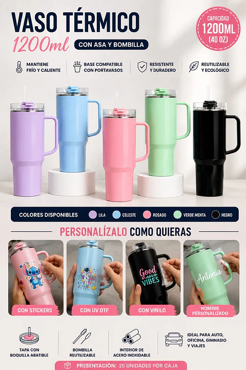 vaso Stanley de color 40oz 1,2LTS para Perzonalizar.
