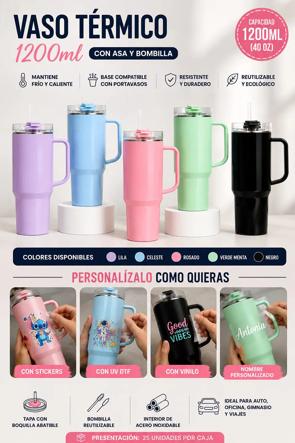 vaso Stanley de color 40oz 1,2LTS para Perzonalizar. 1
