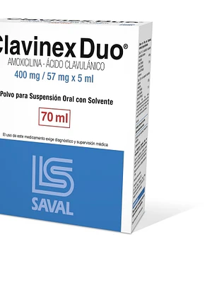 Clavinex Duo Amoxicilina Ácido Clavulánico 400/57 mg 5 ml Suspensión oral 70  ml.