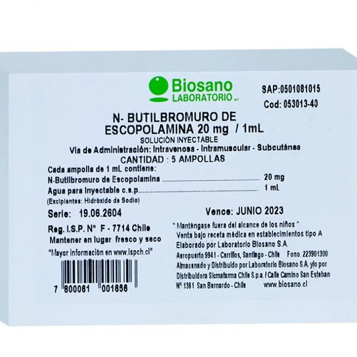 N-Butilbromuro de escopolamina 20 mg Solución inyectable 5 Ampollas 1 ml. Biosano 1