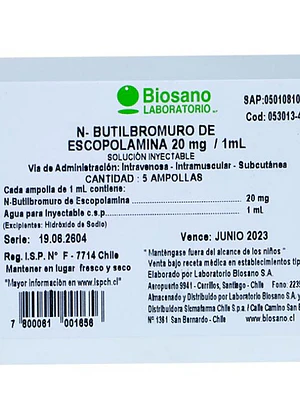 N-Butilbromuro de escopolamina 20 mg Solución inyectable 5 Ampollas 1 ml. Biosano