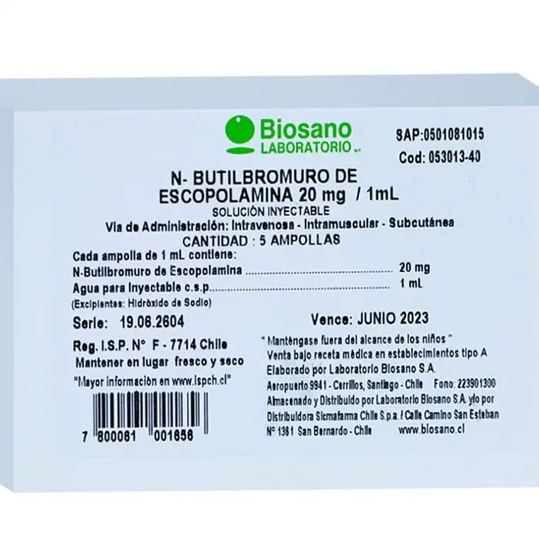 N-Butilbromuro de escopolamina 20 mg Solución inyectable 5 Ampollas 1 ml. Biosano 1