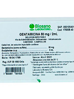 Gentamicina 80 mg Solución inyectable 5 Ampollas 2 ml. Biosano 