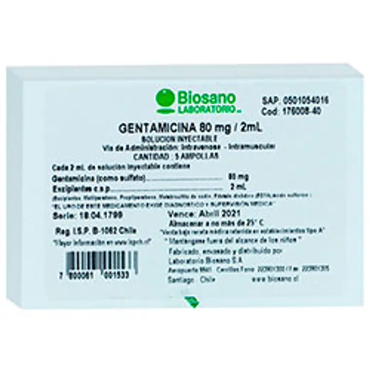Gentamicina 80 mg Solución inyectable 5 Ampollas 2 ml. Biosano  1