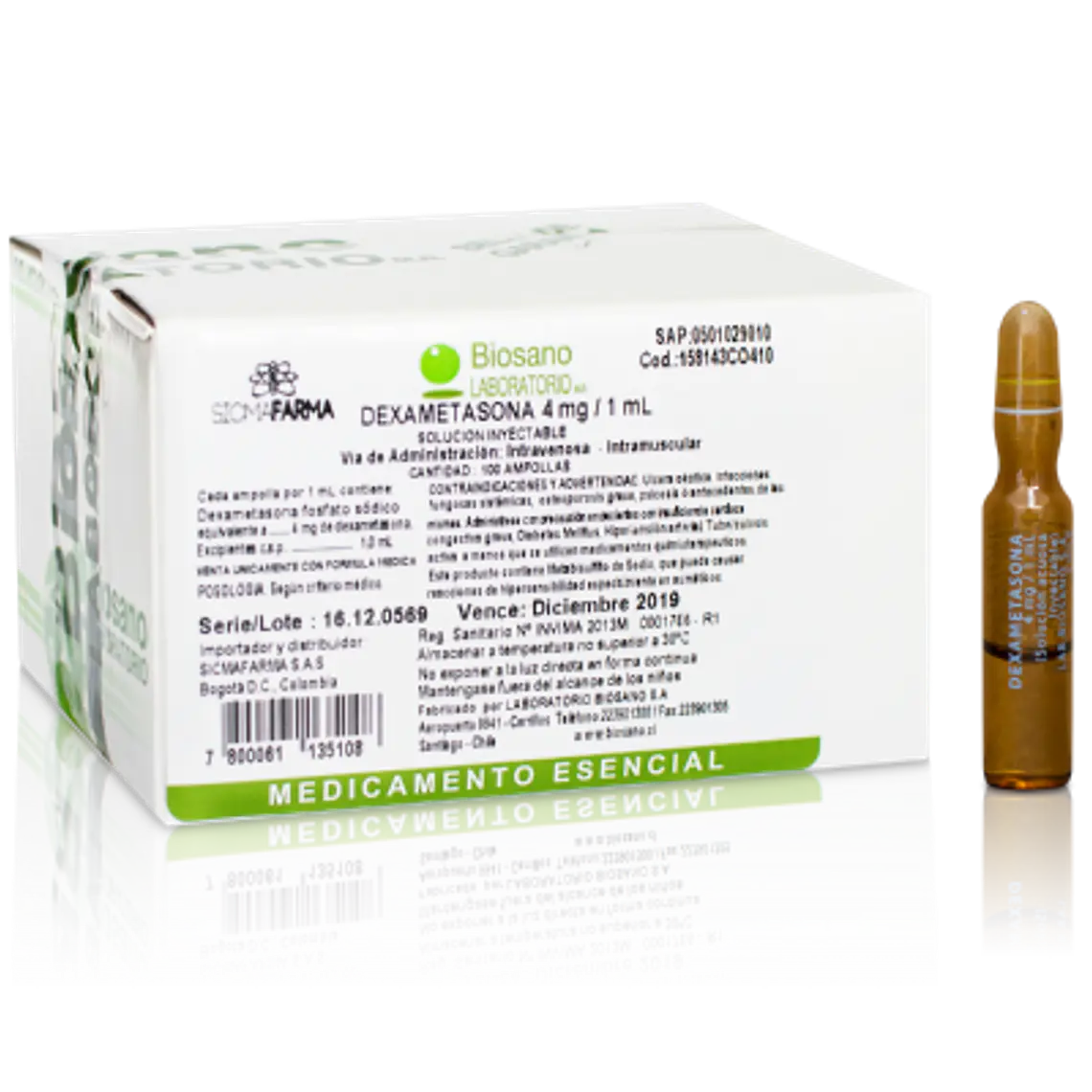 Dexametasona 4 mg / 1 ml Solución inyectable 100 Ampollas. Biosano 1