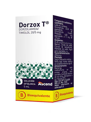 Dorzox T (B) Dorzolamida, Timolol 20/5 mg Solución oftálmica 5 ml.