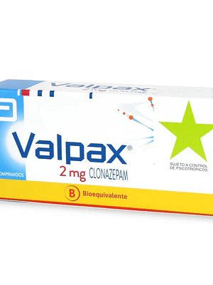 Valpax (B) Clonazepam 2 mg 30 Comprimidos. Medicamento controlado, venta presencial