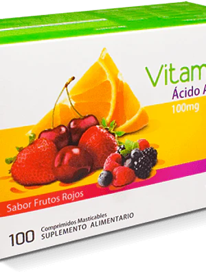 Vitamina C Ácido ascórbico 100 mg  100 Comprimidos sabor frutos rojos.