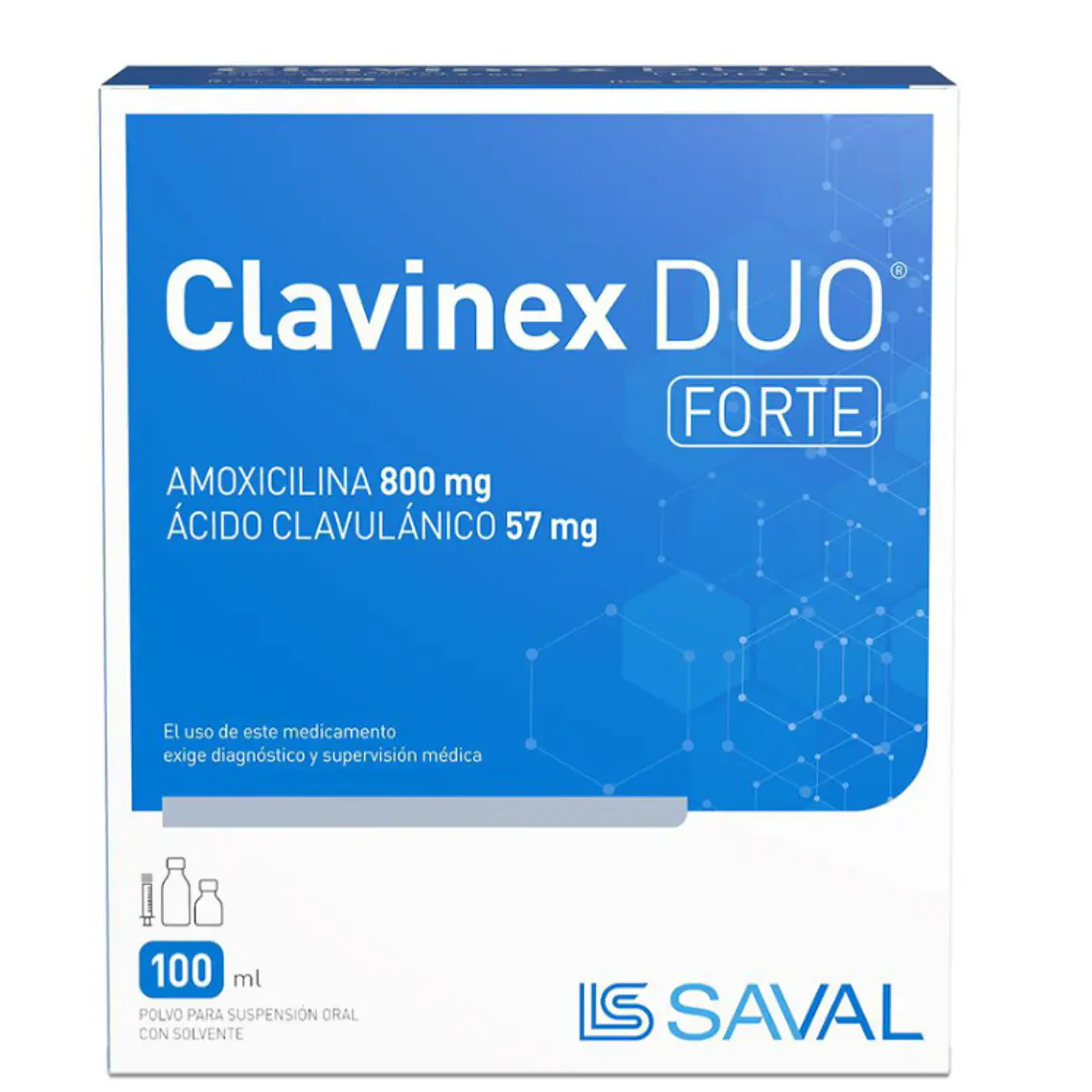 Clavinex Duo Forte Amoxicilina Ácido Clavulánico 800/57 mg Suspensión oral 100 ml. 1