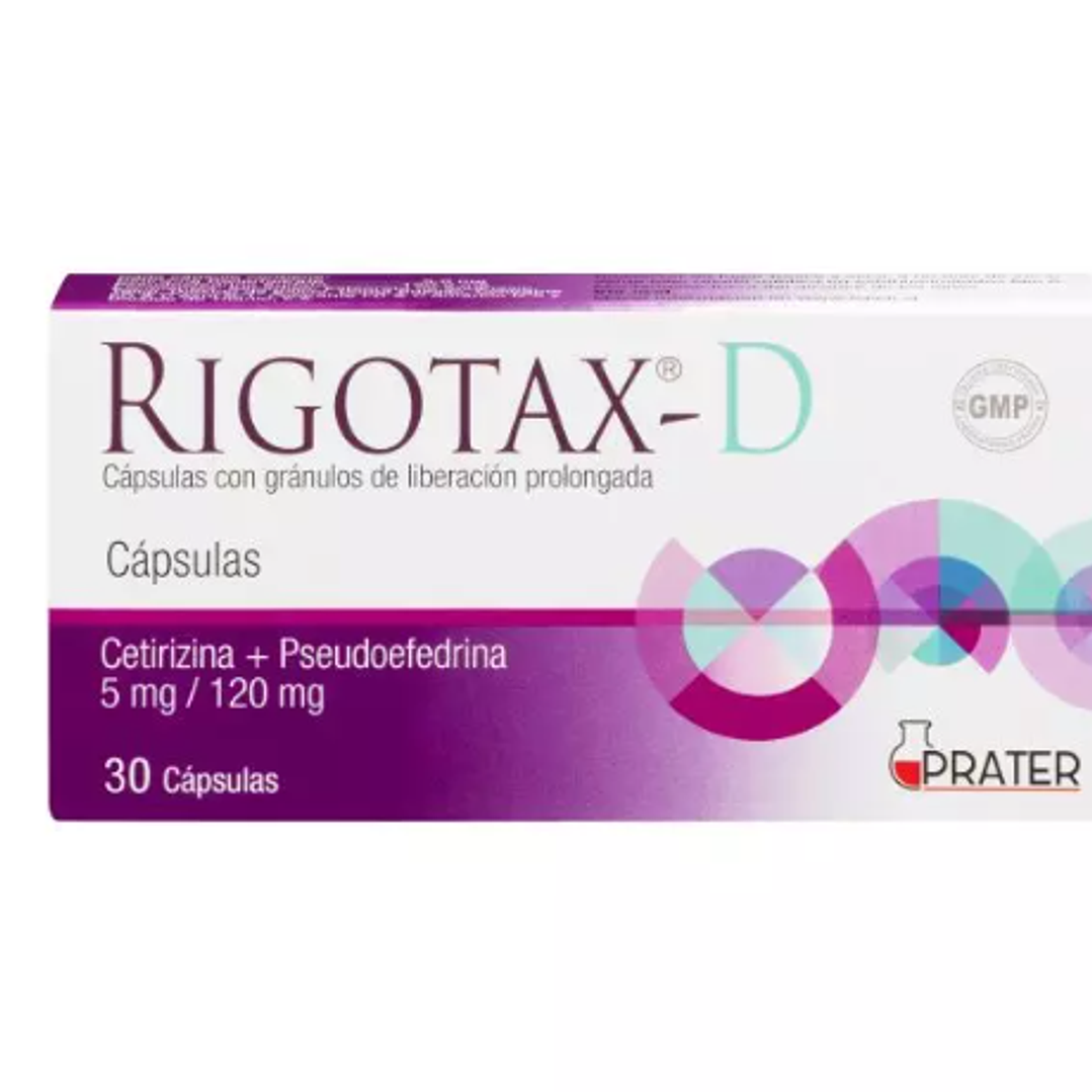 Rigotax-D Cetirizina / Pseudoefedrina 5 mg/ 120 mg 30 Cápsulas de liberación prolongada. 1