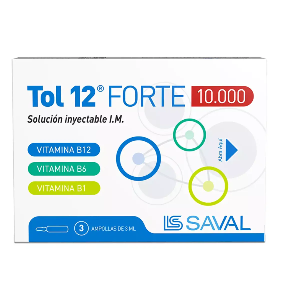 Tol 12 Forte 10000 U.I. Vitaminas B1 / B6 / B12 Inyectable 3 Ampollas. 1