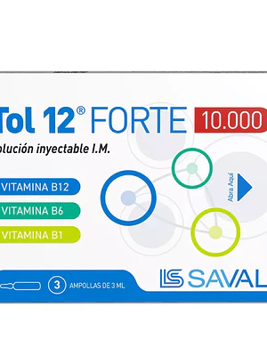 Tol 12 Forte 10000 U.I. Vitaminas B1 / B6 / B12 Inyectable 3 Ampollas.