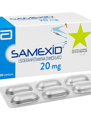 Samexid Lisdexanfetamina 20 mg 30 Cápsulas. Medicamento controlado, venta presencial