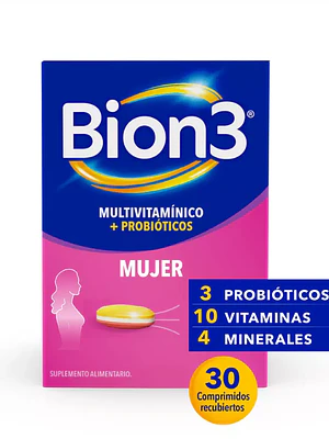 Bion 3 Mujer Multivitamínicos + Probióticos 30 Comprimidos.