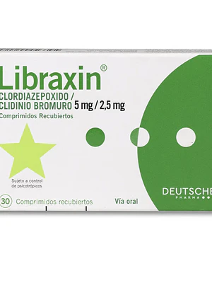 Libraxin Clodiazepóxido, Clidino Bromuro 5/2,5 mg 30 Comprimidos. Medicamento controlado, venta presencial