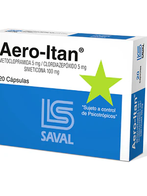 Aero-Itan Metoclopramida, Clordiazepóxido, Simeticona 20 Cápsulas. Medicamento controlado, venta presencial