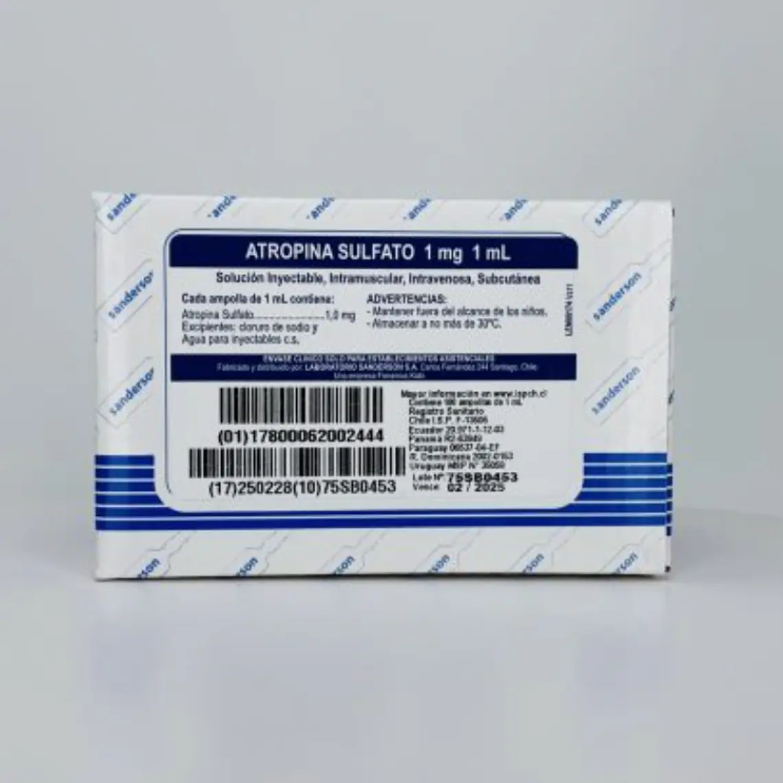 Atropina Sulfato 1 mg/ml Solución Inyectable 100 Ampollas. Sanderson 1