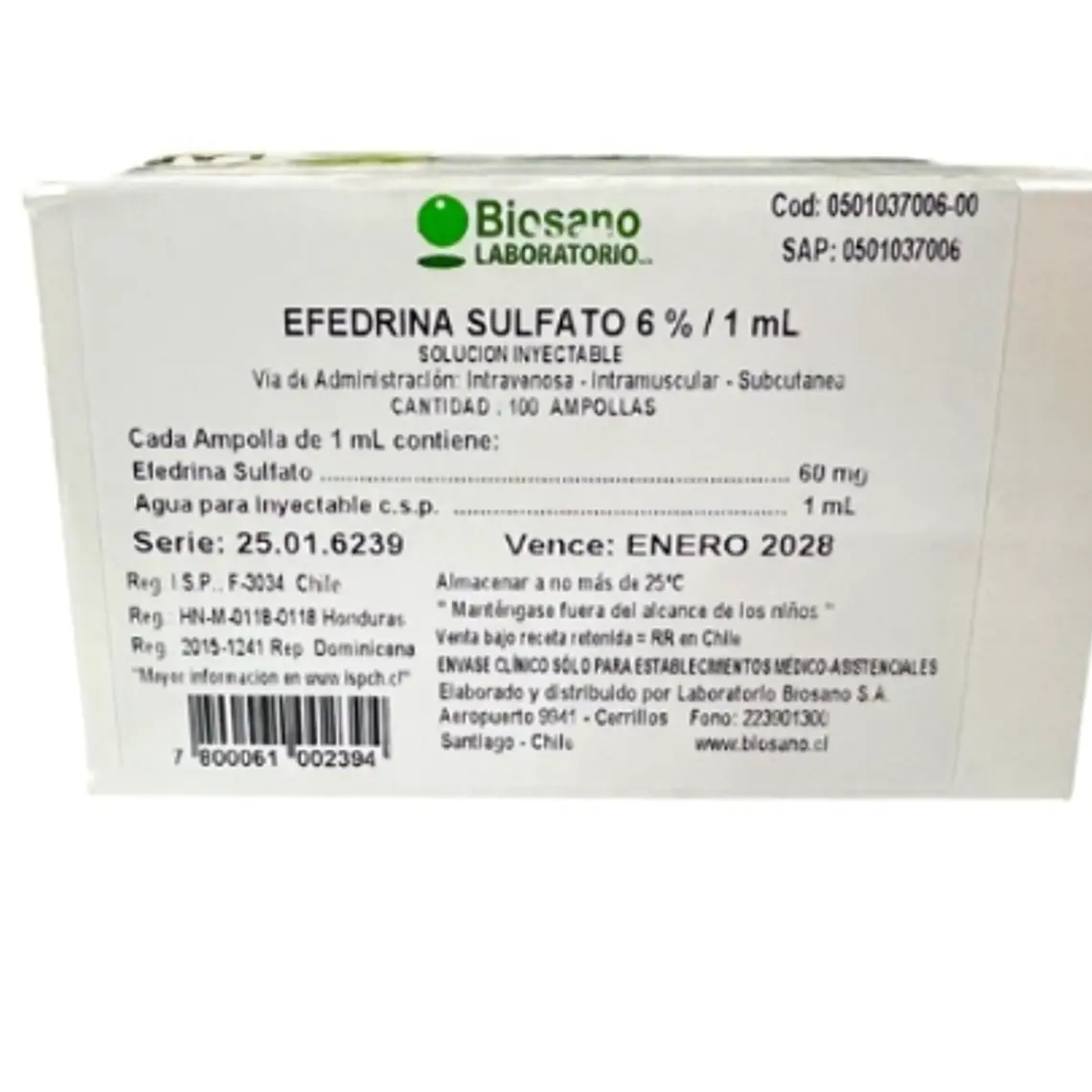 Efedrina Sulfato 6 % Solución inyectable 100 Ampollas 1 ml. Biosano  1