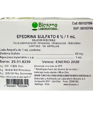 Efedrina Sulfato 6 % Solución inyectable 100 Ampollas 1 ml. Biosano 