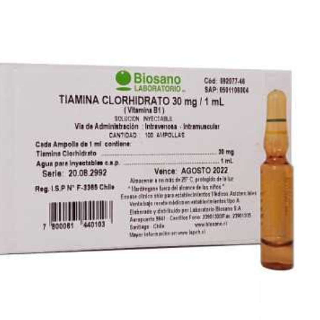 Tiamina  30 mg / 1 ml  100 Ampollas inyectables. Biosano  1