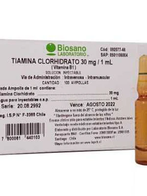 Tiamina clorhidrato 30 mg/ml Solución inyectable 100 Ampollas. Biosano