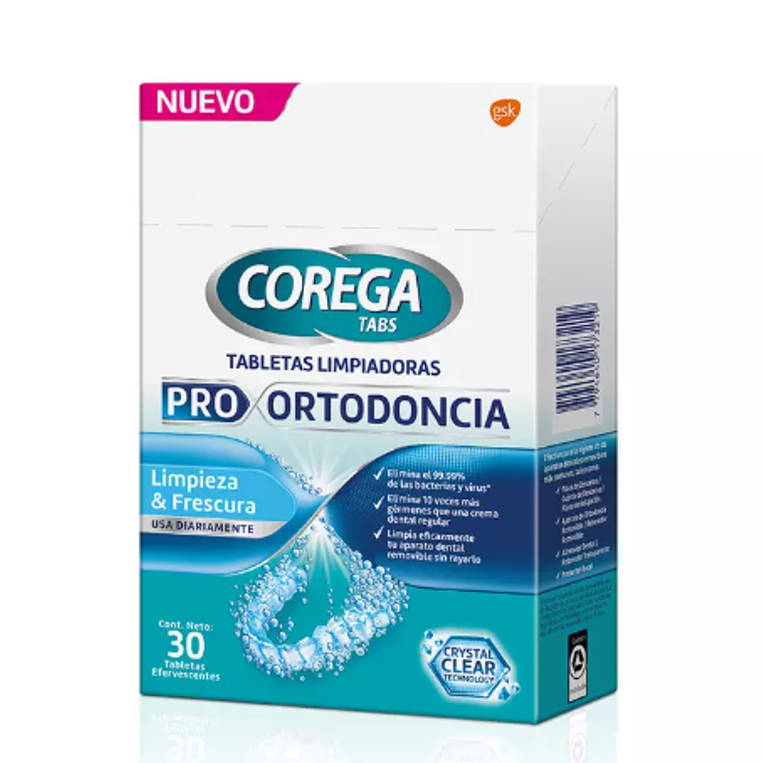 Corega Pro Ortodoncia 30 Tabletas limpiadoras efervescentes. 1