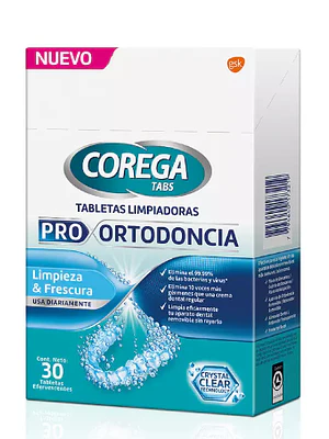 Corega Pro Ortodoncia 30 Tabletas efervescentes.