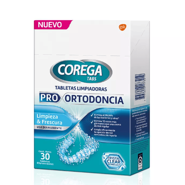 Corega Pro Ortodoncia 30 Tabletas limpiadoras efervescentes. 1