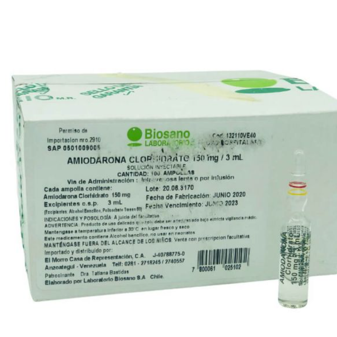 Amiodarona Clorhidrato 150 mg Ampollas 3 ml. 100 unidades. Biosano 1