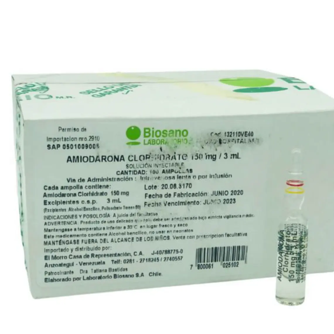 Amiodarona Clorhidrato 150 mg / 3 ml Solución inyectable 100 Ampollas. Biosano 1