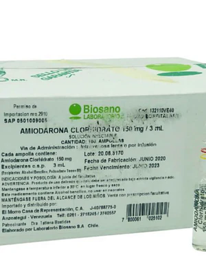 Amiodarona Clorhidrato 150 mg / 3 ml Solución inyectable 100 Ampollas. Biosano