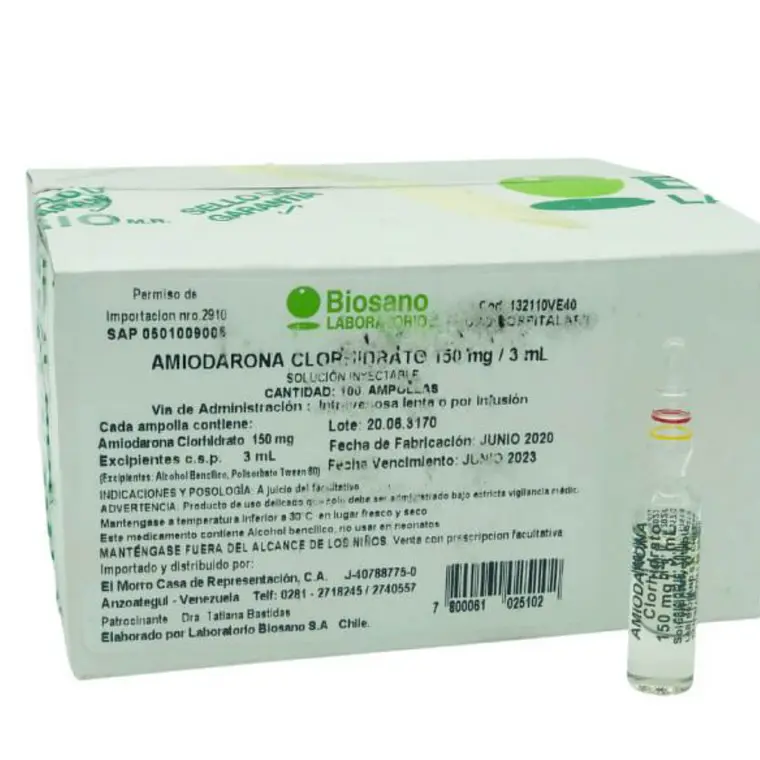 Amiodarona Clorhidrato 150 mg / 3 ml Solución inyectable 100 Ampollas. Biosano 1