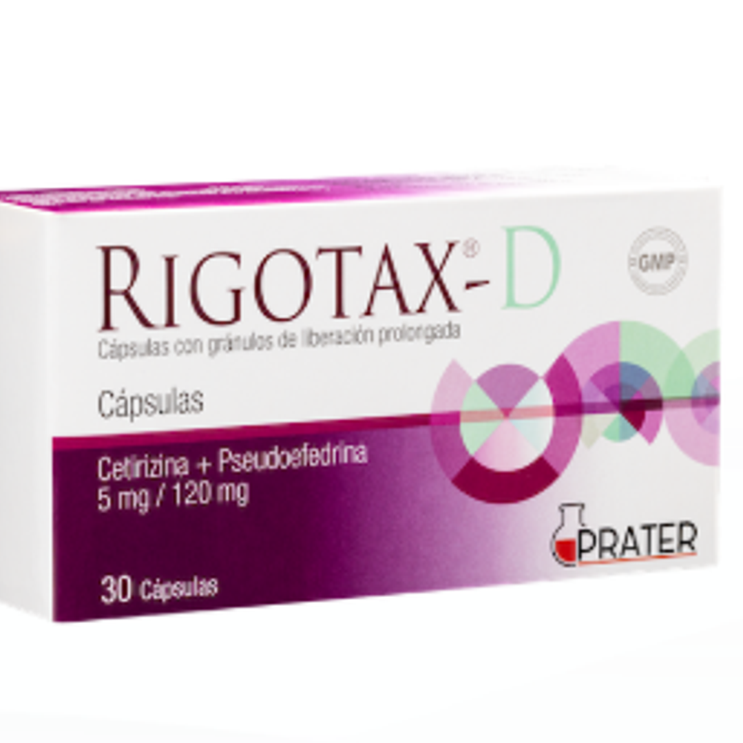 Rigotax-D Cetirizaina, Pseudoefedrina  30 Cápsulas. 1