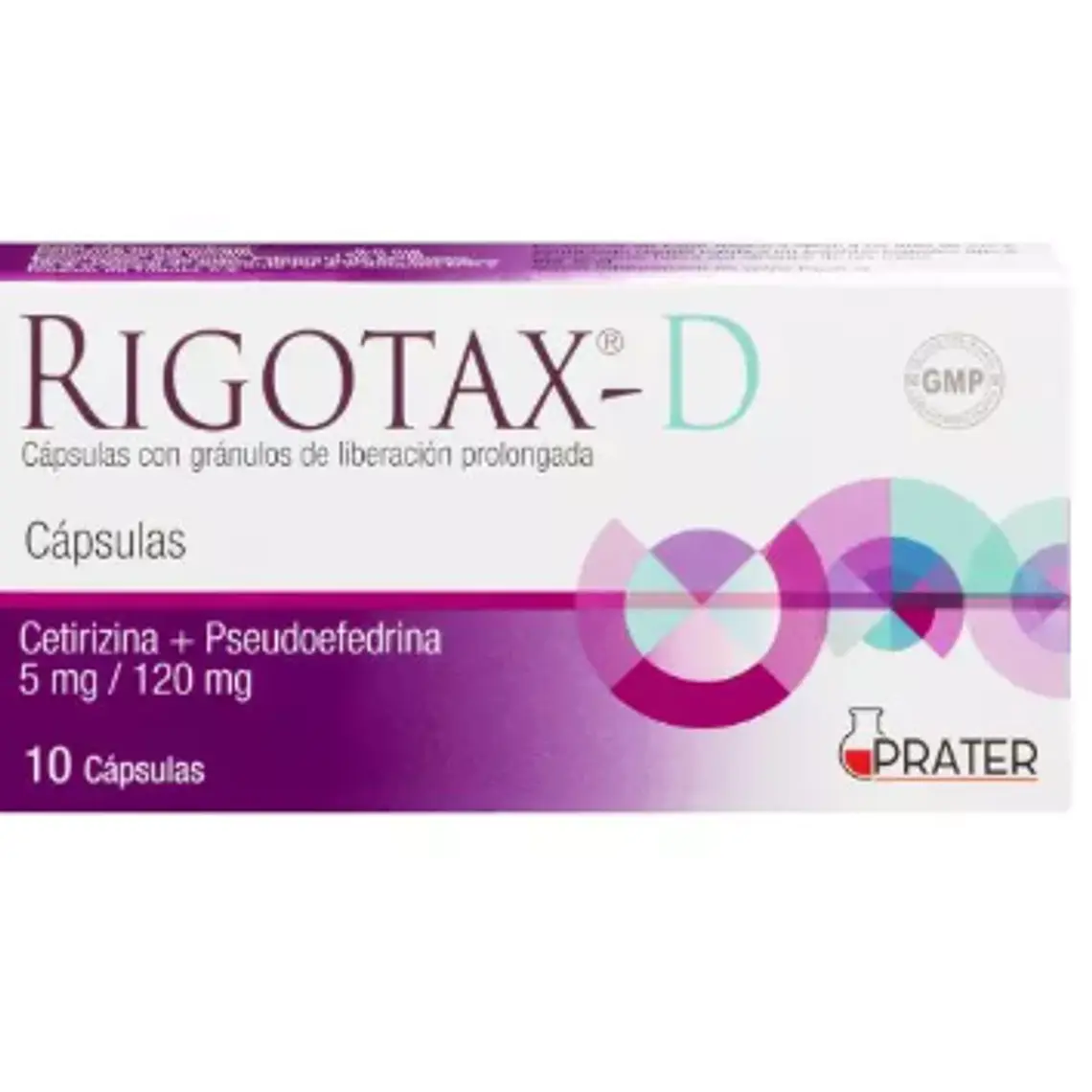 Rigotax-D Cetirizina, Pseudoefedrina 5 mg/ 120 mg 10 Cápsulas de liberación prolongada. 1