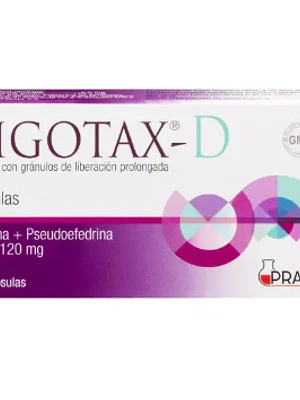 Rigotax-D Cetirizina, Pseudoefedrina 5 mg/ 120 mg 10 Cápsulas de liberación prolongada.