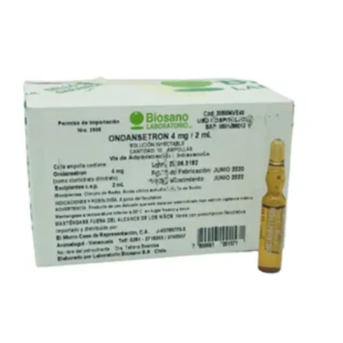 Ondansetrón  4 mg Solución inyectable 100 Ampollas 2 ml. Biosano 1