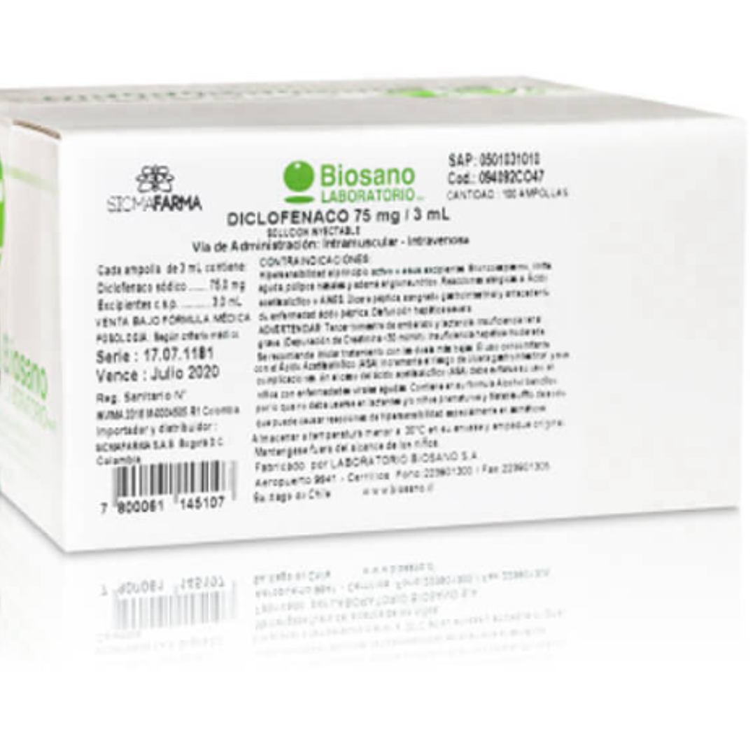 Diclofenaco Sódico 75 mg Solución inyectable 100 ampollas 3 ml. Biosano, se vende por caja. 1
