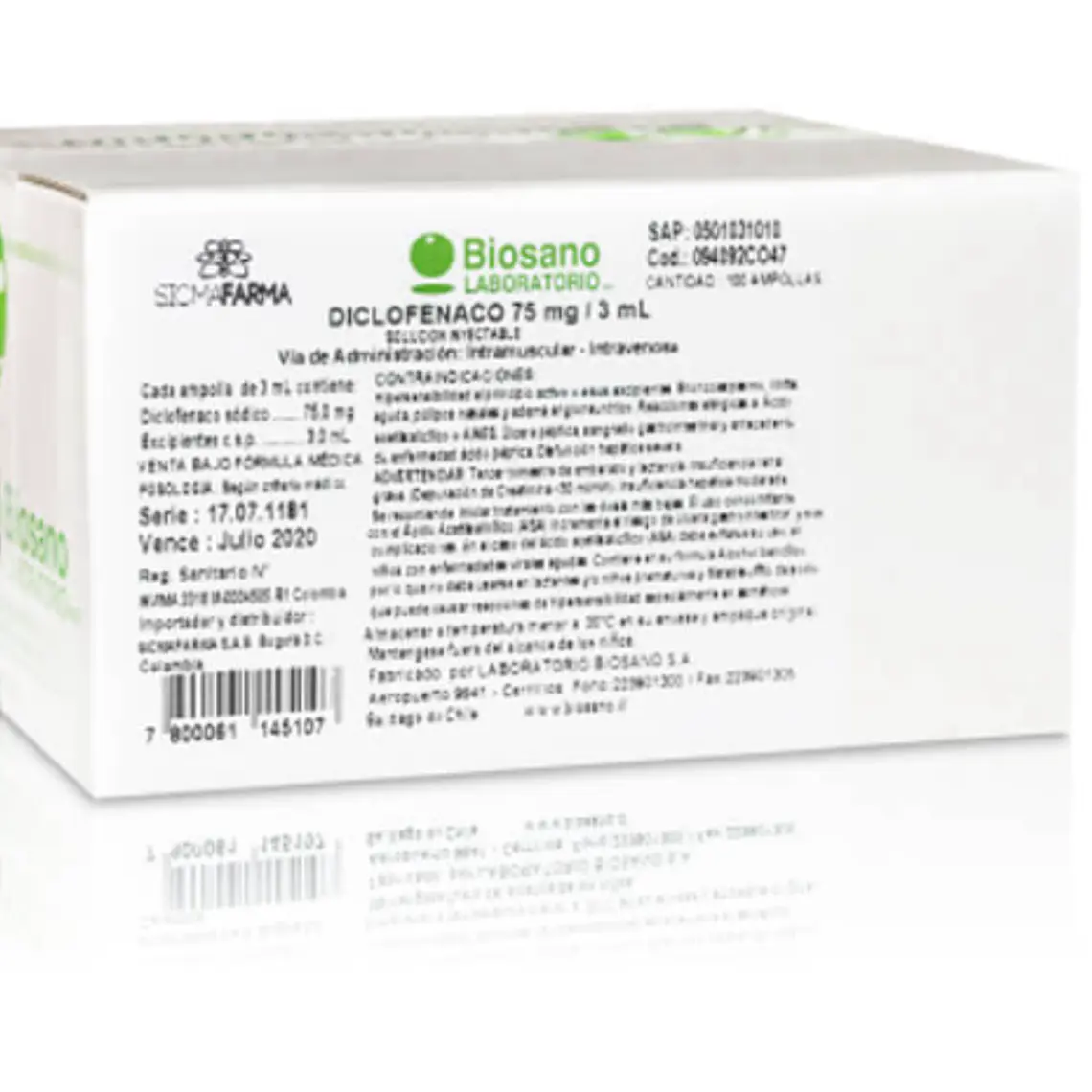Diclofenaco sódico 75 mg Solución inyectable 100 ampollas 3 ml. Biosano 1